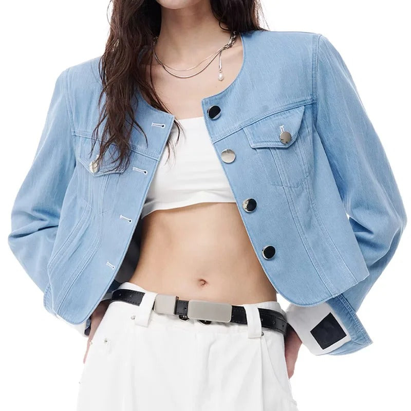 Light Blue Cropped Denim Jacket with Round Neckline