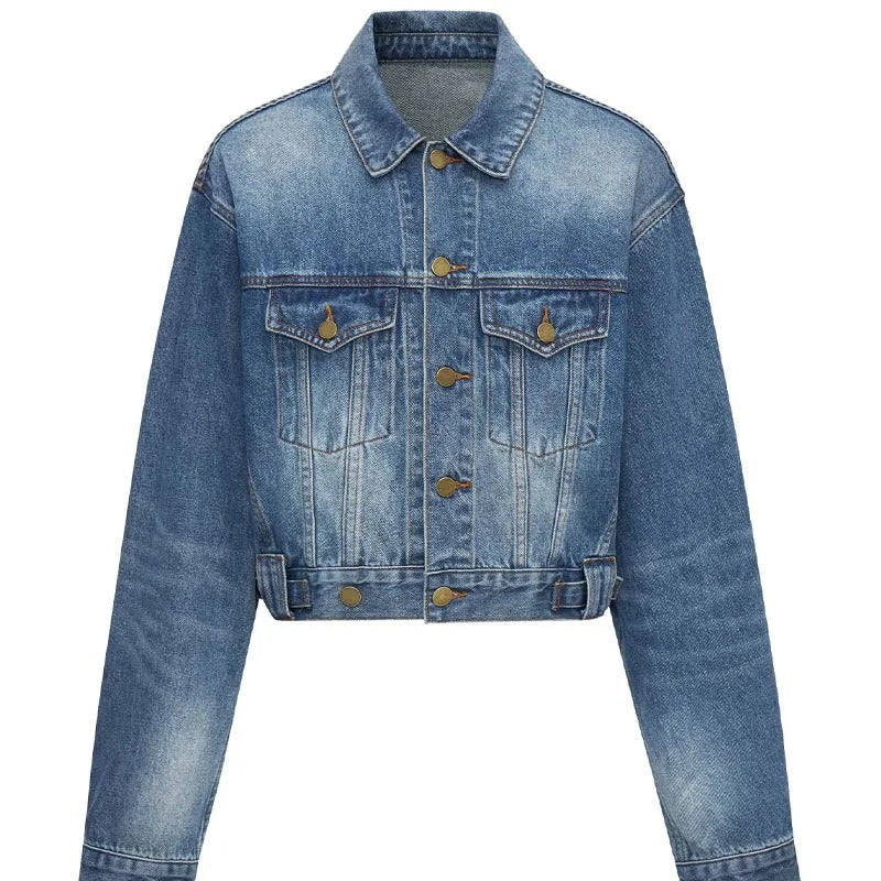 Blue Cropped Denim Jacket with Button Front