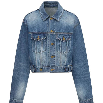 Blue Cropped Denim Jacket with Button Front