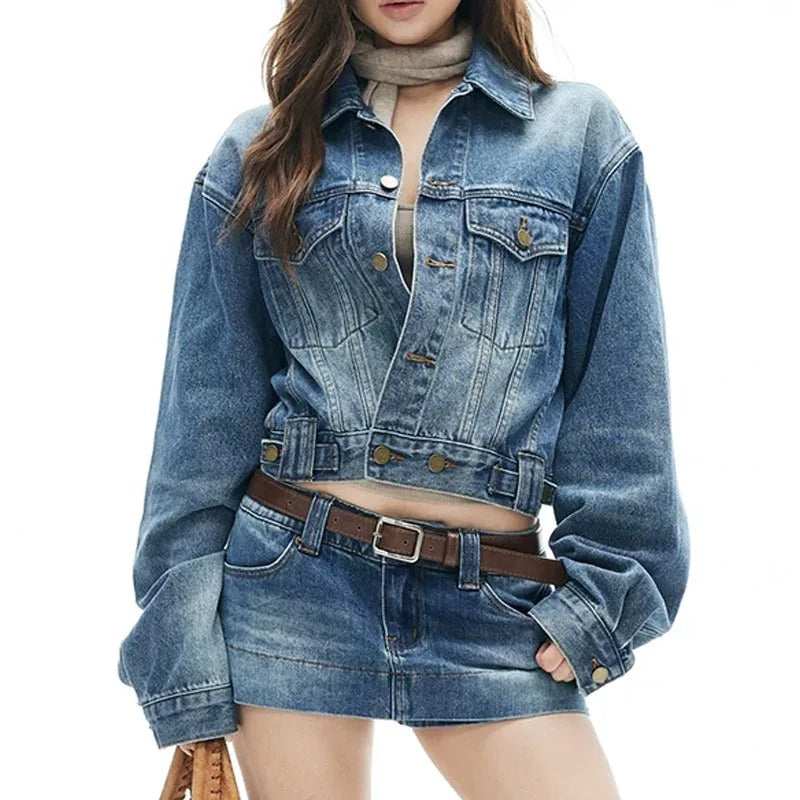 Blue Cropped Denim Jacket with Button Front