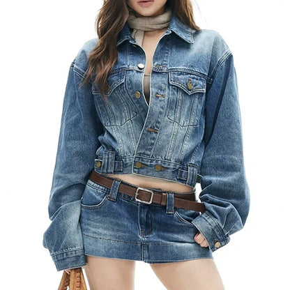 Blue Cropped Denim Jacket with Button Front