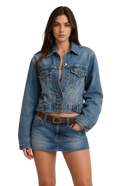 Blue Cropped Denim Jacket with Button Front