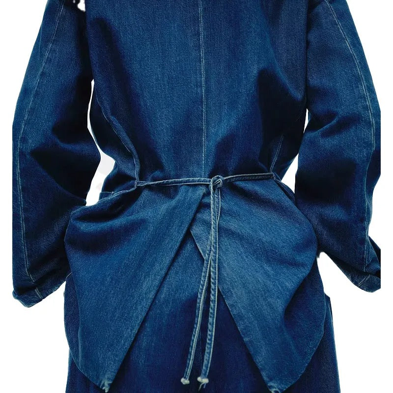 Blue Denim Jacket with Mandarin Collar and Frog Closures