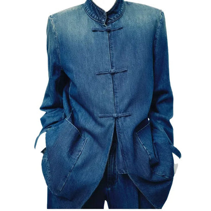 Blue Denim Jacket with Mandarin Collar and Frog Closures