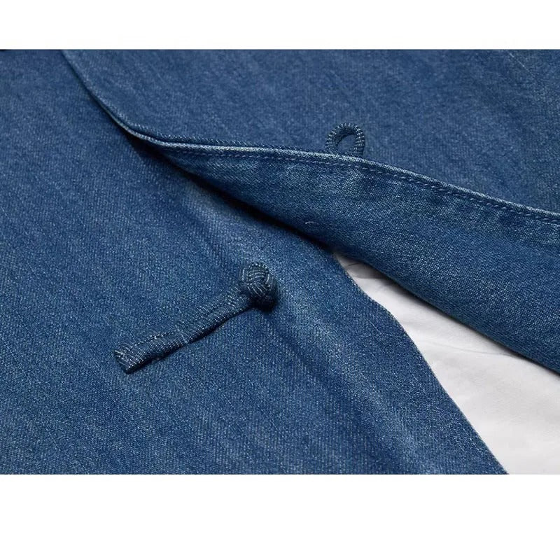 Blue Denim Jacket with Mandarin Collar and Frog Closures