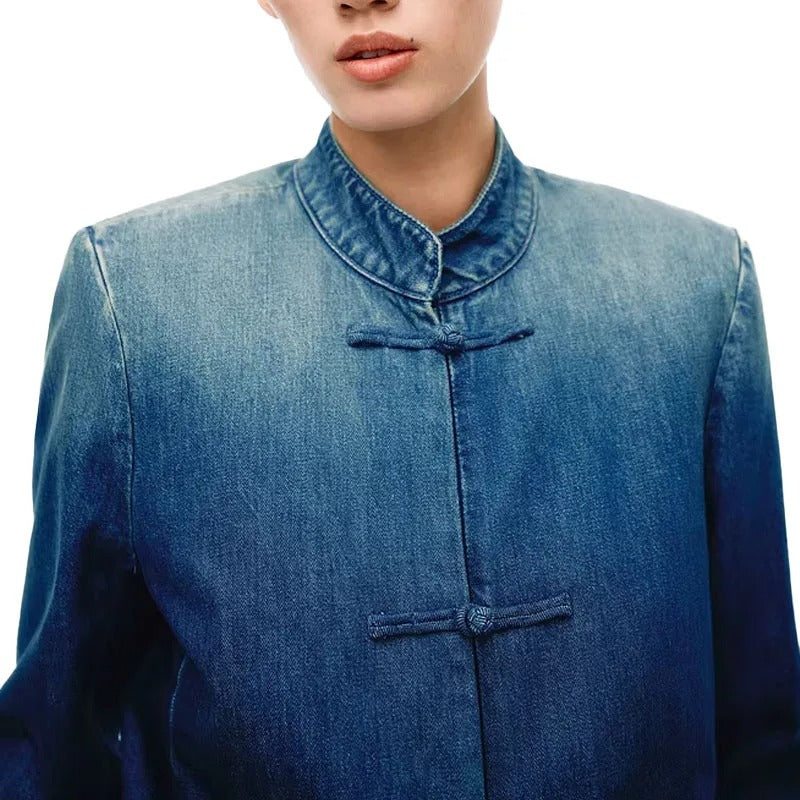 Blue Denim Jacket with Mandarin Collar and Frog Closures