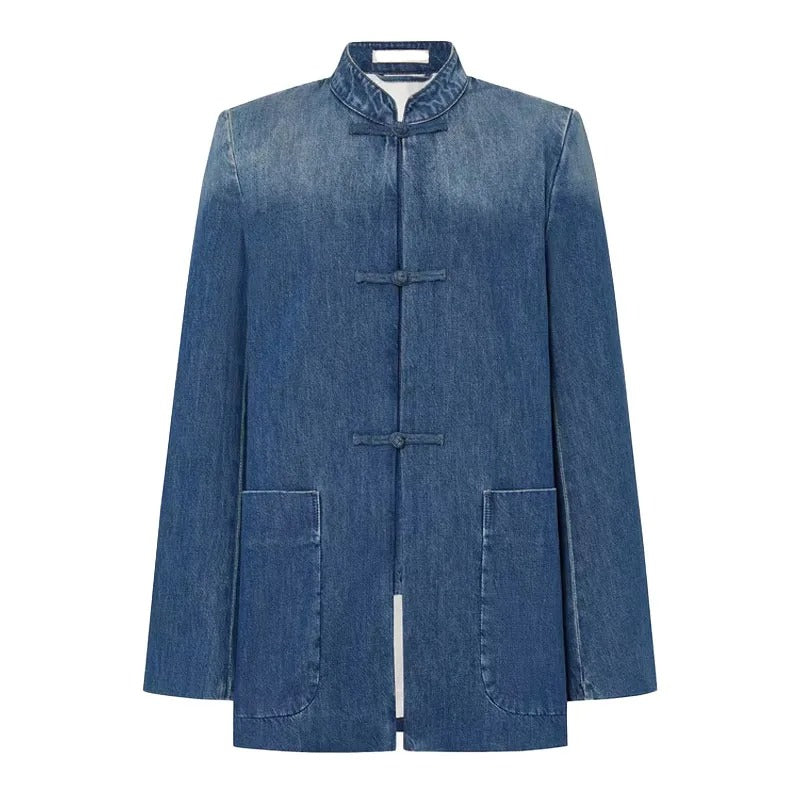 Blue Denim Jacket with Mandarin Collar and Frog Closures