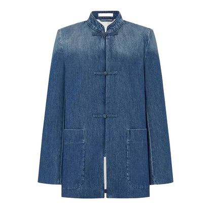 Blue Denim Jacket with Mandarin Collar and Frog Closures