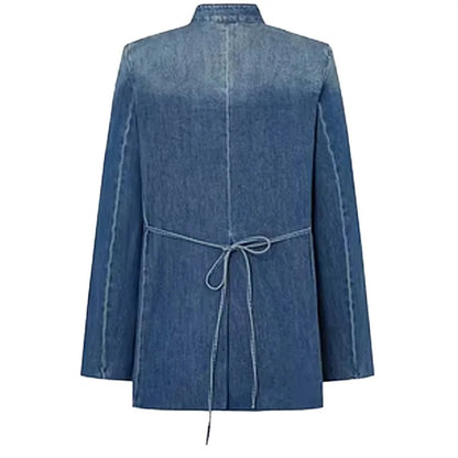 Blue Denim Jacket with Mandarin Collar and Frog Closures