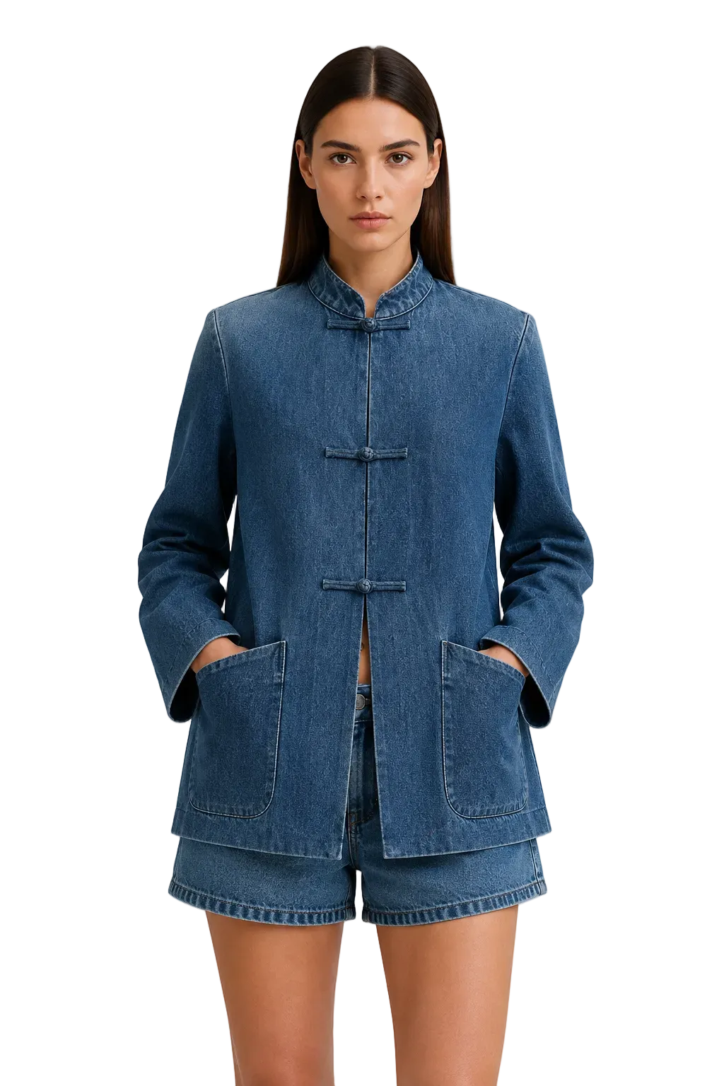 Blue Denim Jacket with Mandarin Collar and Frog Closures
