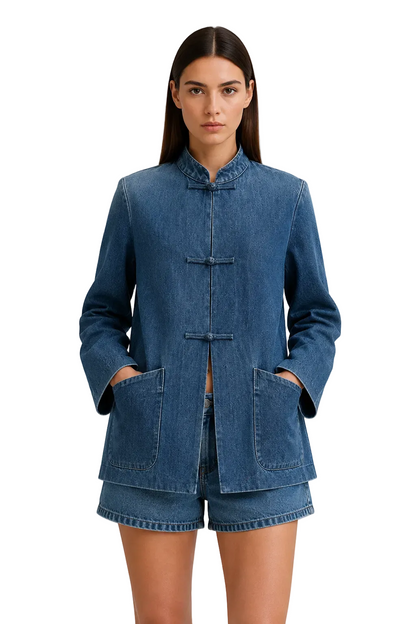 Blue Denim Jacket with Mandarin Collar and Frog Closures