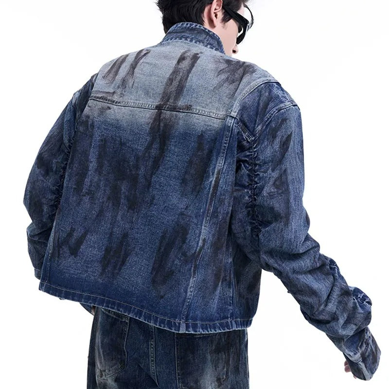 Blue Washed Denim Jacket with Ruched Sleeves