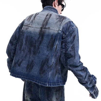 Blue Washed Denim Jacket with Ruched Sleeves