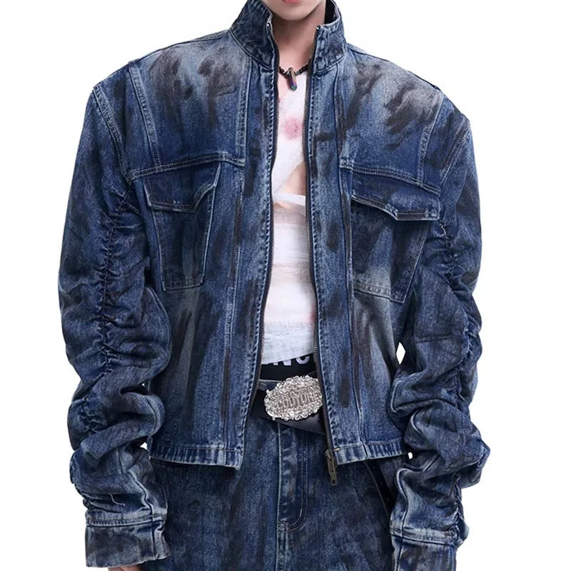 Blue Washed Denim Jacket with Ruched Sleeves