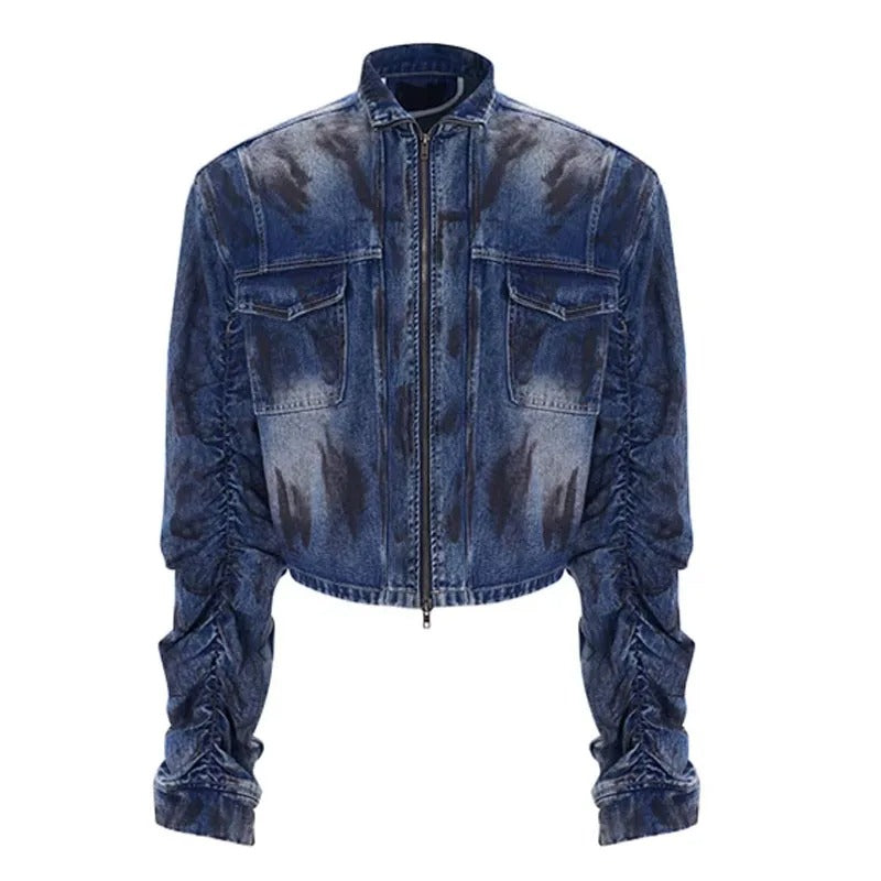 Blue Washed Denim Jacket with Ruched Sleeves
