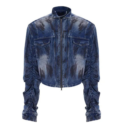 Blue Washed Denim Jacket with Ruched Sleeves