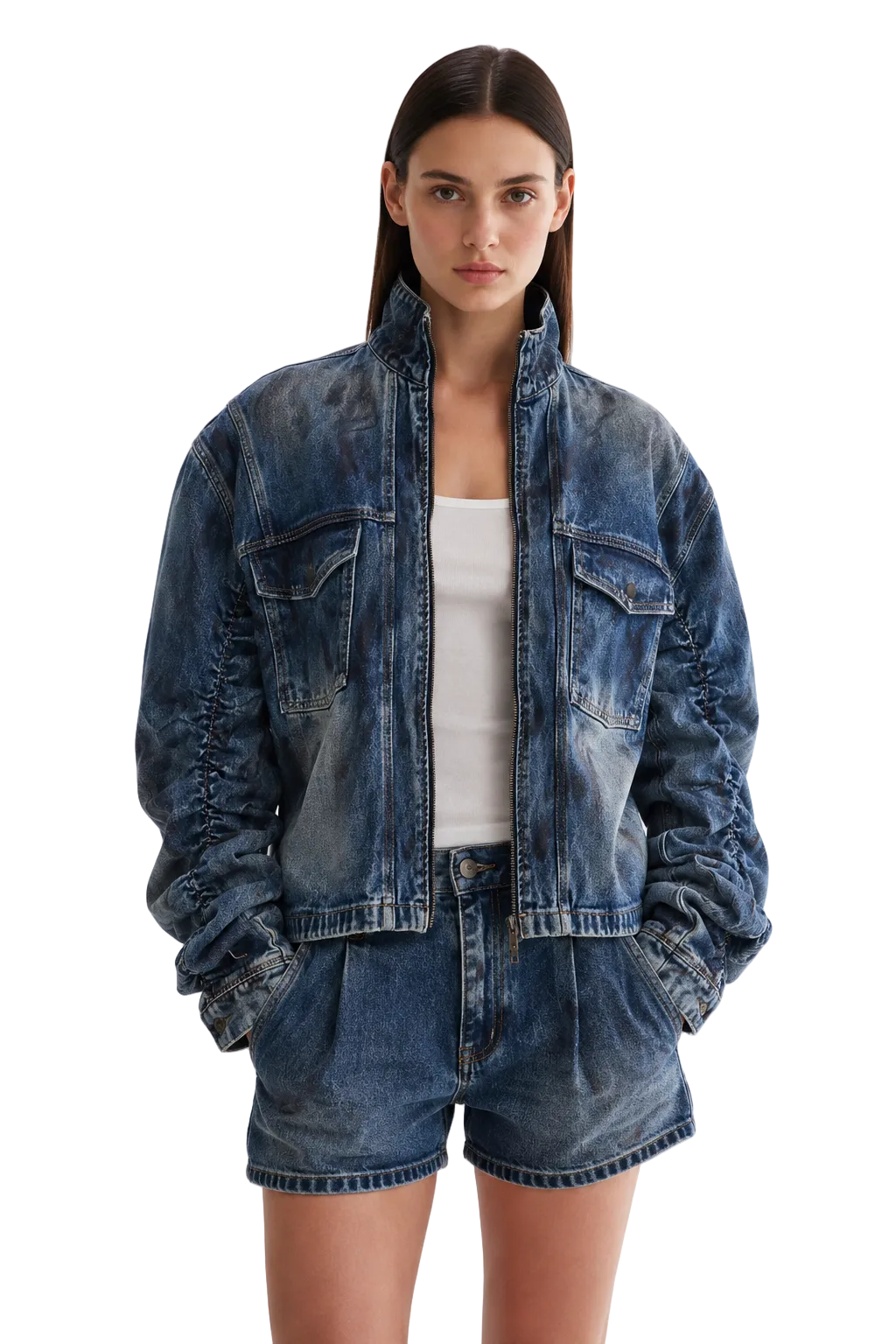 Blue Washed Denim Jacket with Ruched Sleeves