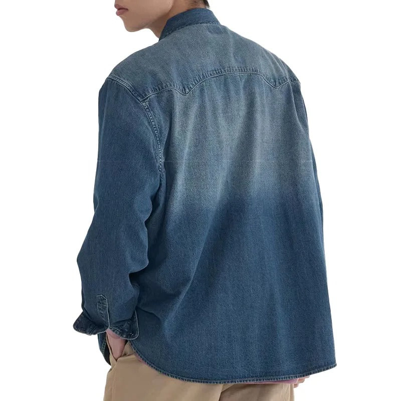 Dark Blue Oversized Denim Shirt with Snap Button Closure