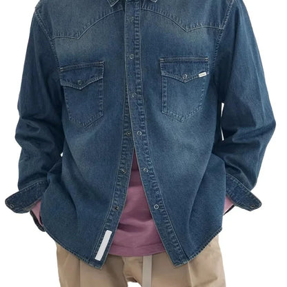 Dark Blue Oversized Denim Shirt with Snap Button Closure