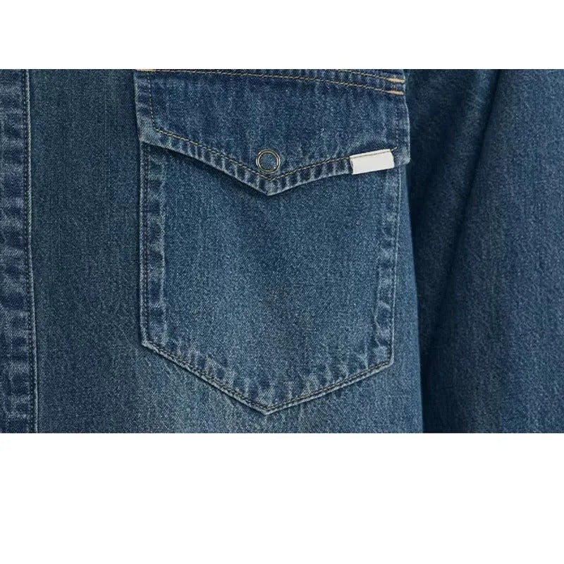 Dark Blue Oversized Denim Shirt with Snap Button Closure