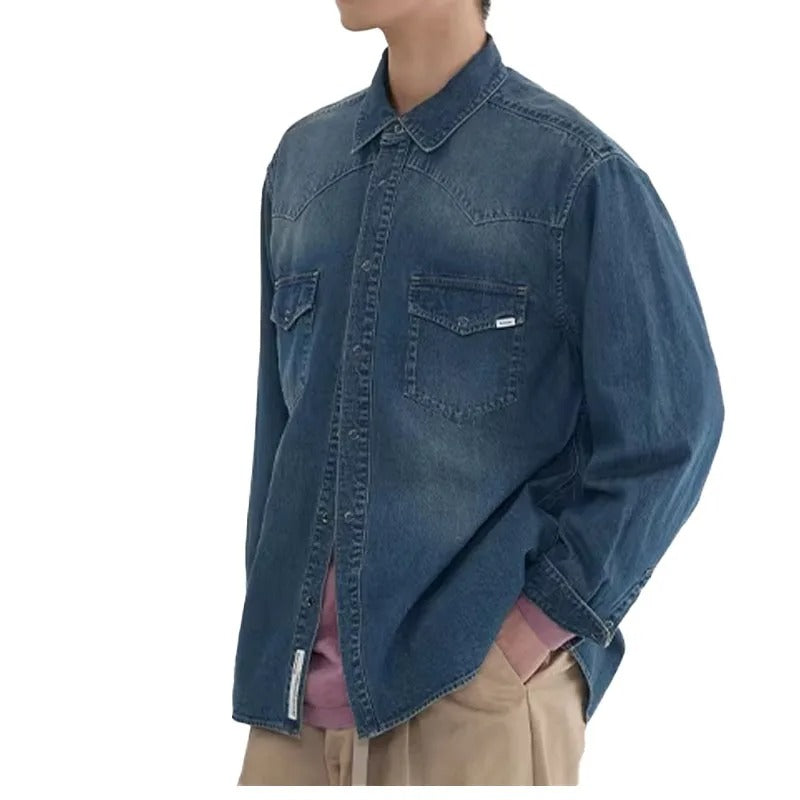 Dark Blue Oversized Denim Shirt with Snap Button Closure