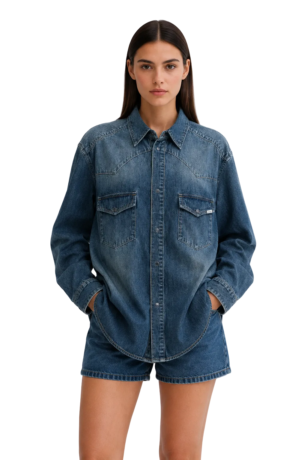 Dark Blue Oversized Denim Shirt with Snap Button Closure