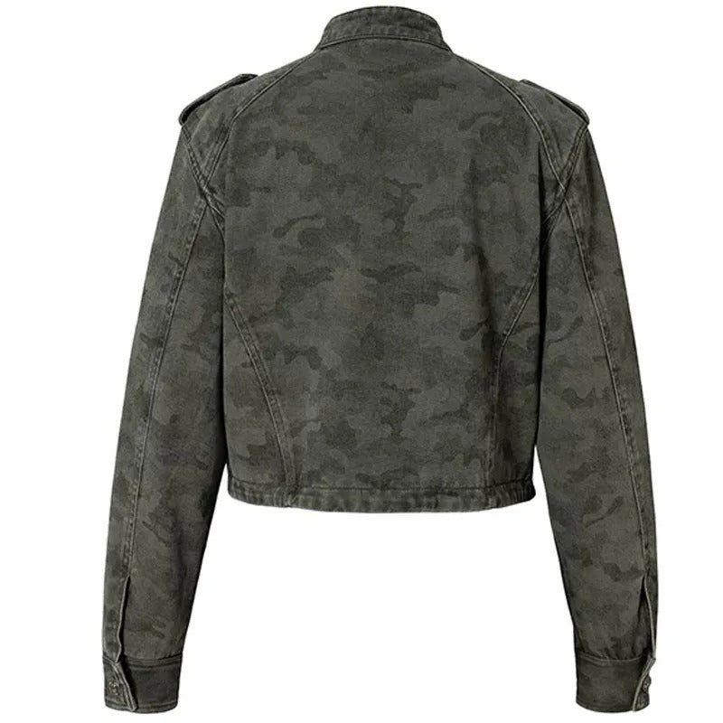 Dark Grey Cropped Camo Jacket with Military-Inspired Front Detail