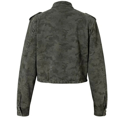 Dark Grey Cropped Camo Jacket with Military-Inspired Front Detail