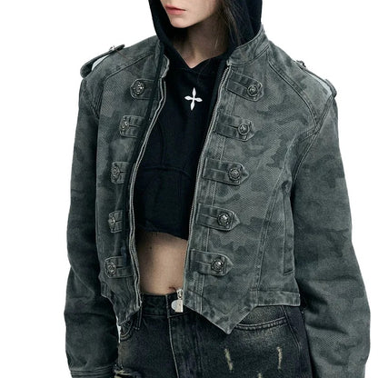 Dark Grey Cropped Camo Jacket with Military-Inspired Front Detail