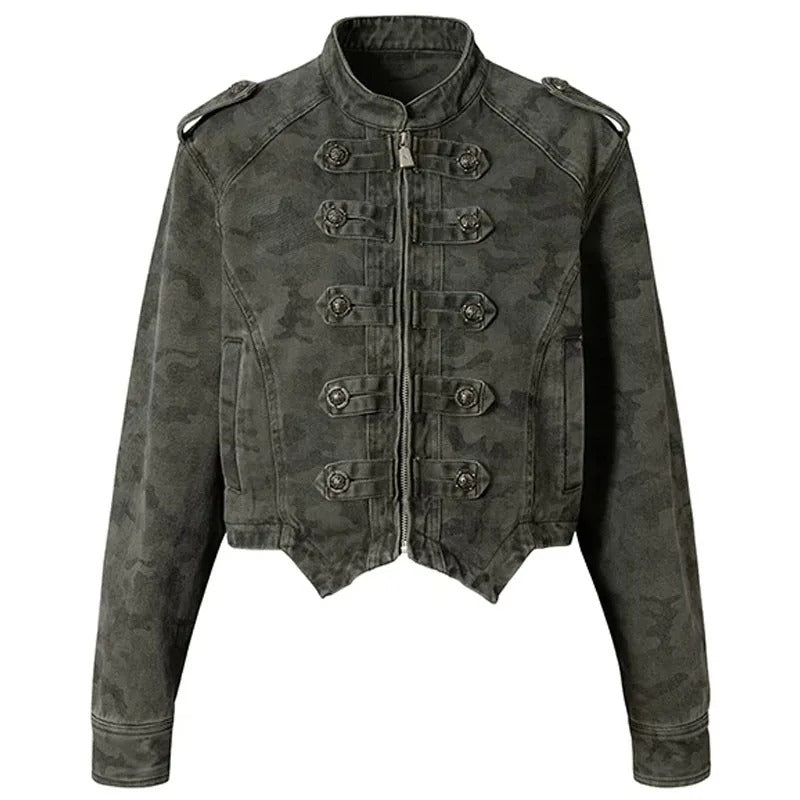 Dark Grey Cropped Camo Jacket with Military-Inspired Front Detail