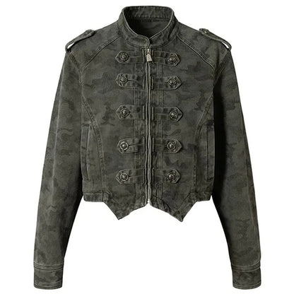 Dark Grey Cropped Camo Jacket with Military-Inspired Front Detail
