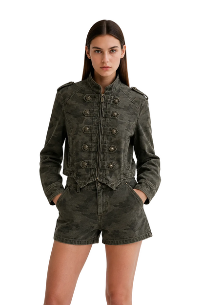Dark Grey Cropped Camo Jacket with Military-Inspired Front Detail