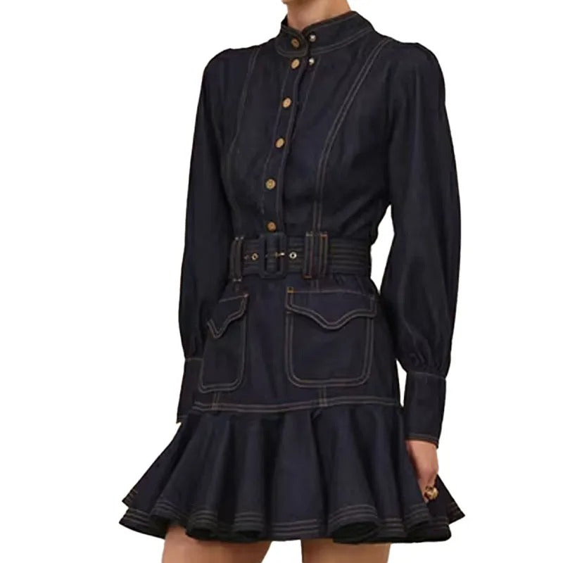 Dark Indigo Belted Mini Dress with Bow Neck Detail