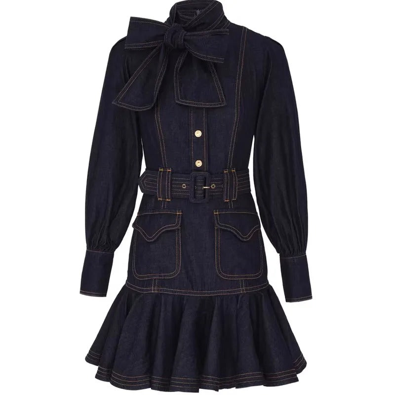 Dark Indigo Belted Mini Dress with Bow Neck Detail