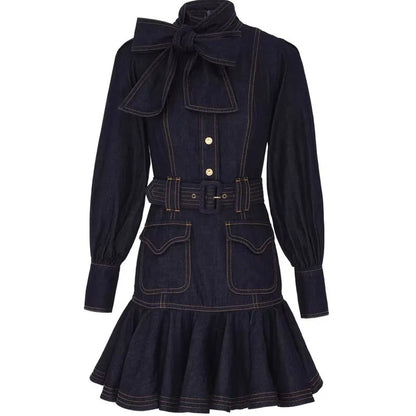 Dark Indigo Belted Mini Dress with Bow Neck Detail