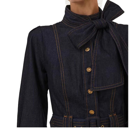 Dark Indigo Belted Mini Dress with Bow Neck Detail