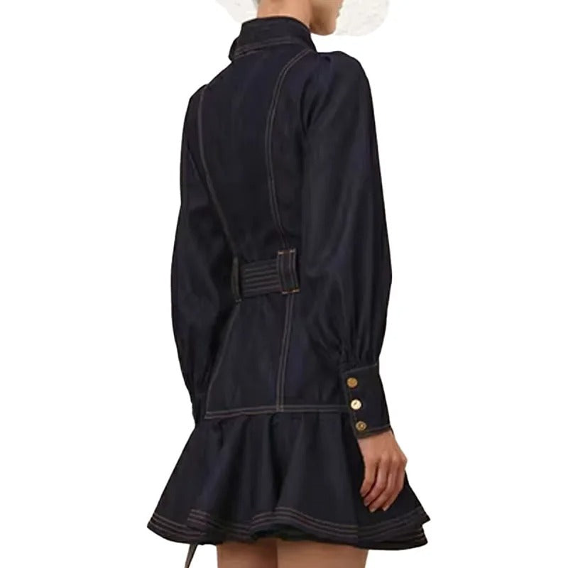 Dark Indigo Belted Mini Dress with Bow Neck Detail