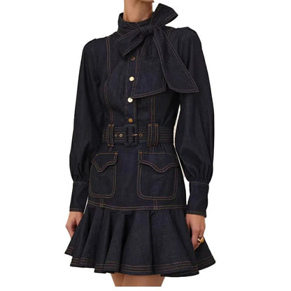 Dark Indigo Belted Mini Dress with Bow Neck Detail