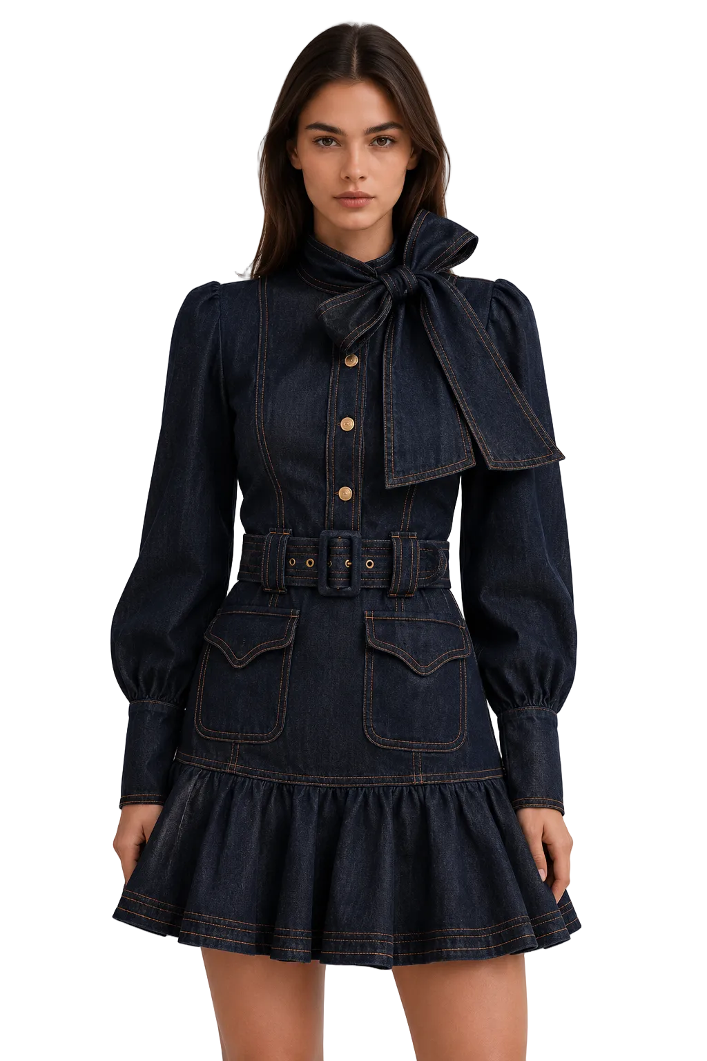 Dark Indigo Belted Mini Dress with Bow Neck Detail