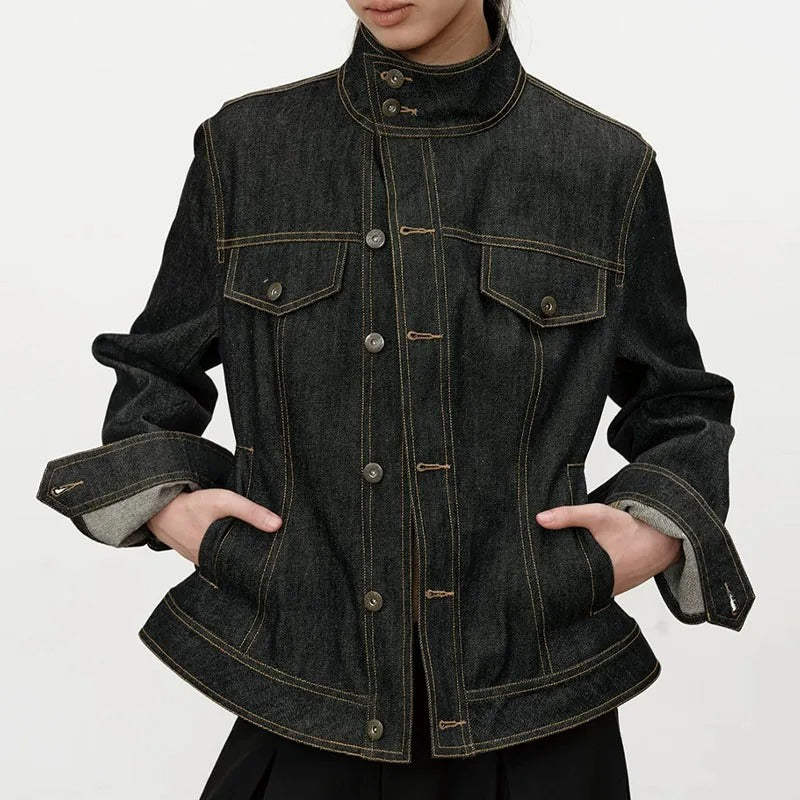 Dark Wash Denim Jacket with Stand Collar