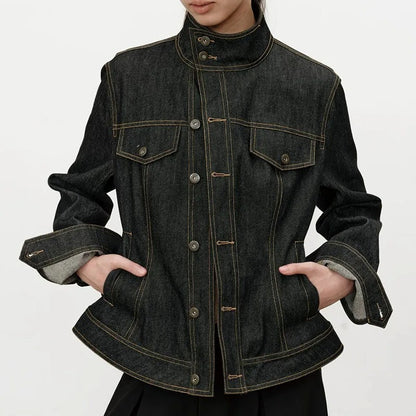 Dark Wash Denim Jacket with Stand Collar