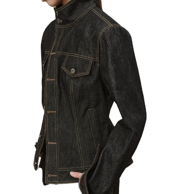 Dark Wash Denim Jacket with Stand Collar