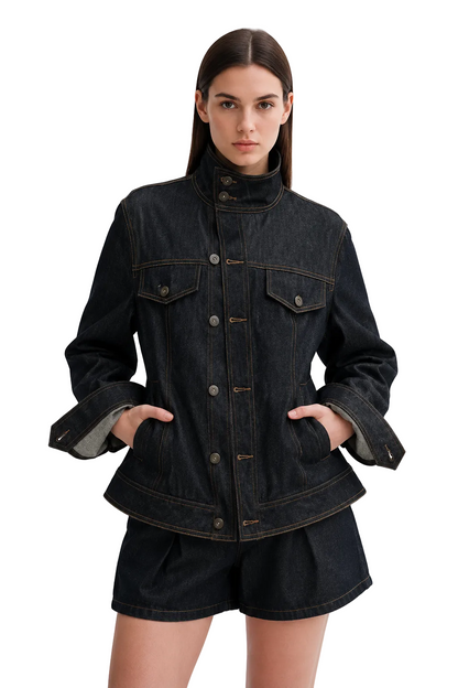 Dark Wash Denim Jacket with Stand Collar