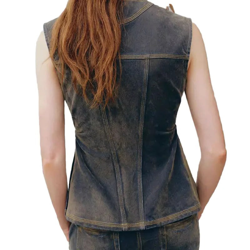 Dark Wash Sleeveless Denim Top with Flap Pockets