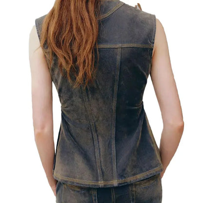 Dark Wash Sleeveless Denim Top with Flap Pockets