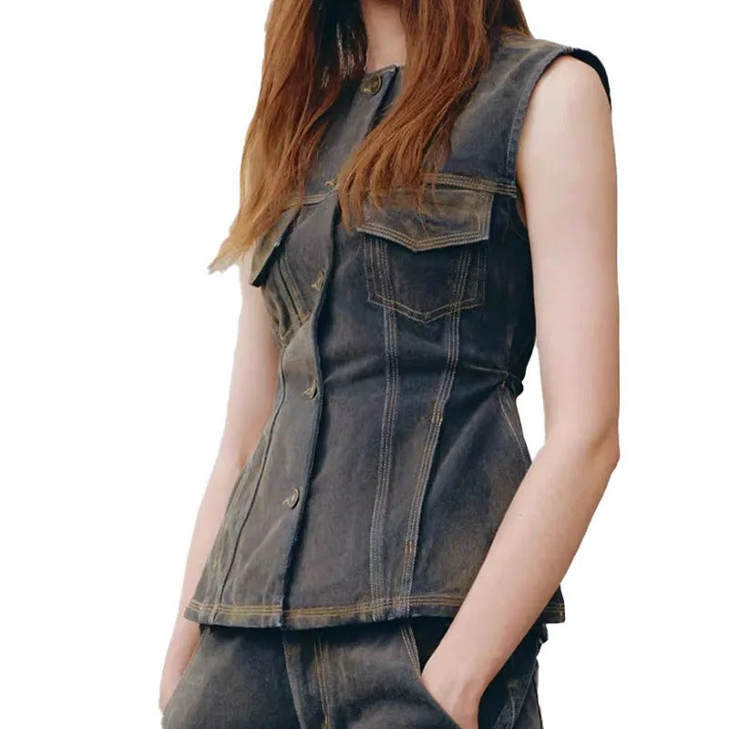 Dark Wash Sleeveless Denim Top with Flap Pockets