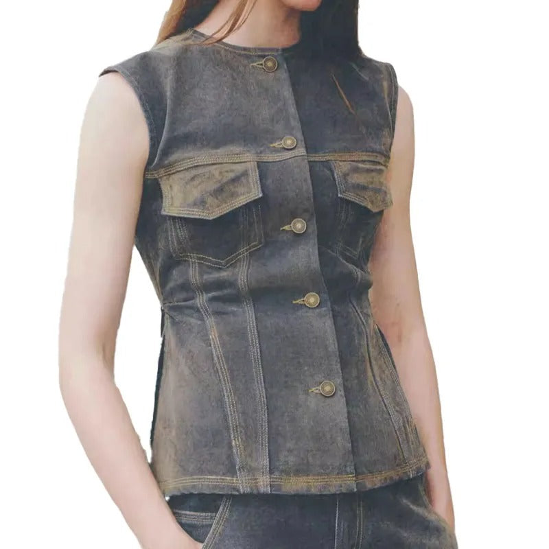 Dark Wash Sleeveless Denim Top with Flap Pockets