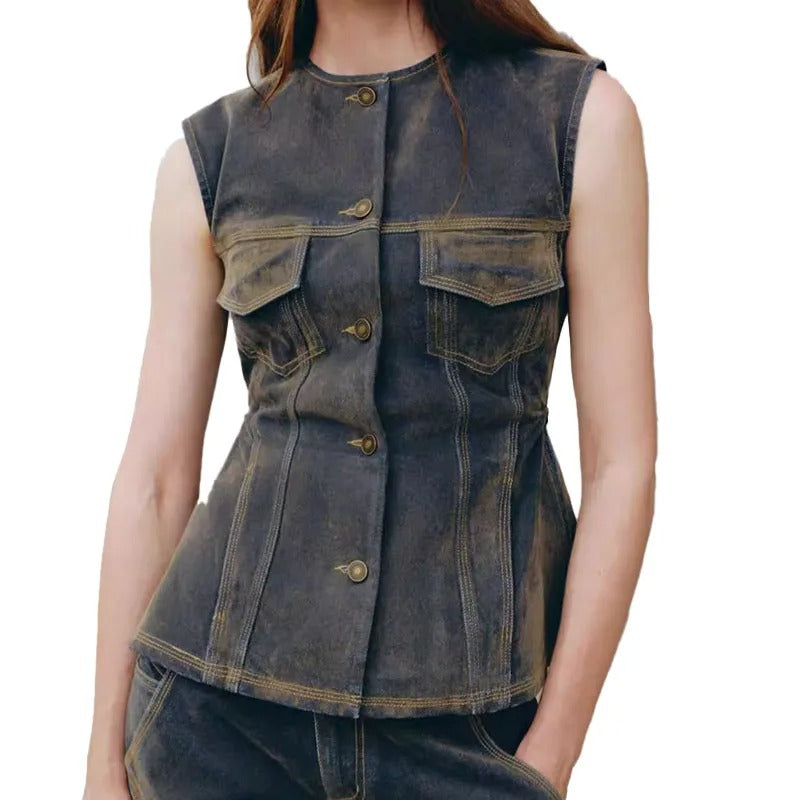 Dark Wash Sleeveless Denim Top with Flap Pockets