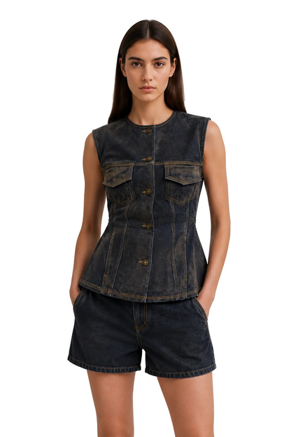 Dark Wash Sleeveless Denim Top with Flap Pockets