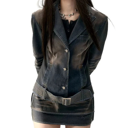 Faded Black Structured Blazer Mini Dress with Belt